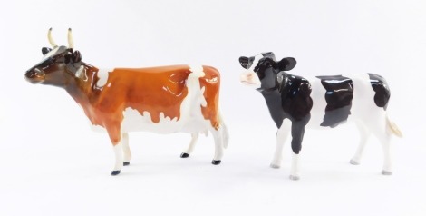 Two Beswick cows, comprising a John Beswick brown and white cow, 10cm high, together with a Beswick CH Ickham Bessie numbered 198, 12cm high.