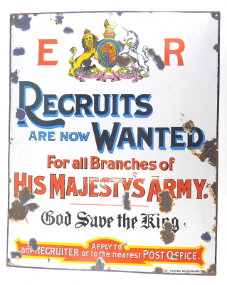 An Edwardian war recruitment enamel sign, of rectangular form marked Recruits Are Now Wanted For All Branches Of His Majesty's Army, God Save The King Chromo Wolverhampton publishing in red, blue, black and yellow, 82cm x 66cm. - 2