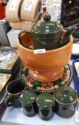 Various ceramics and effects, to include two Swiss Thune decorative wall plates,  set of green kitchen wares and a turned wooden bowl. 