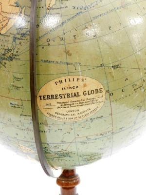 An early 20thC Phillips 14'' terrestrial globe, number 2615, showing the principle steamship routes with distances in nautical miles and principle transcontinental railways, printed in Great Britain by George Phillip & Son Ltd, 32 Fleet Street, London, on - 2