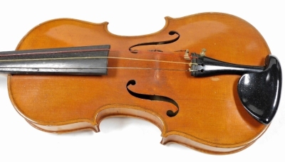 An early 20thC violin, with a two piece back, lacking label, length of back 37cm, and two violin bows, cased. - 2