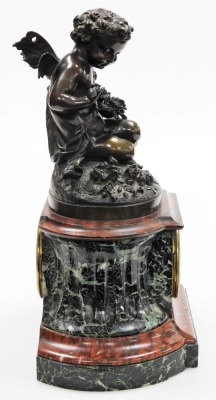 A 19thC French marble and bronze mantel clock, the top with a bronze figure of a cherub holding roses, on a red and black marble shaped base, with a white painted dial with Roman numerals and eight day movement, 41cm high, 30cm wide, with two winding keys - 4