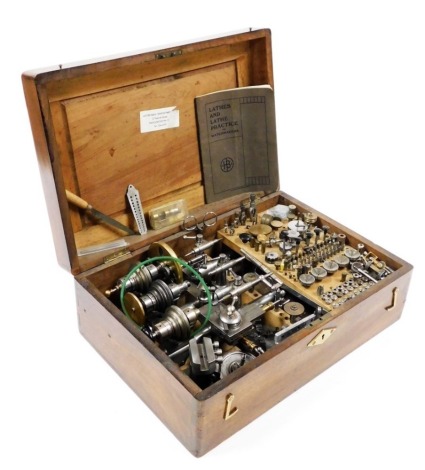 A collection of early 20thC watch lathes and associated watch makers equipment, contained in a mahogany fitted case, interior label for Latter Bros. Watch Parts, 27 Fennel Street, Manchester, sold with a Lathe and Lathe Practice for Watch Makers booklet.
