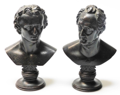 After Leonhard Posch (Austrian, 1750-1831) Goethe and Schiller, a pair of iron busts, each on a pedestal base, one indistinctly signed, each 14cm high.