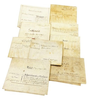 A group of late 18th/early 19thC deeds, marriage settlements, etc., to include release of the theatre at Nottingham, dated 29th September 1772, a marriage settlement between Amelia Heart Otters and Edward Strutt date 27th March 1837, a lease agreement dat