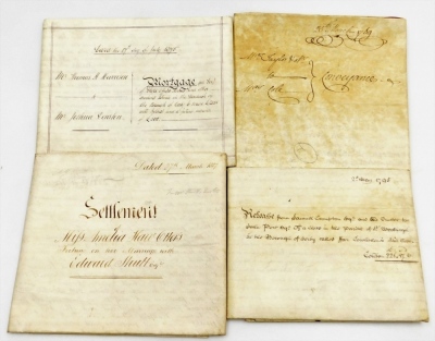 A group of late 18th/early 19thC deeds, marriage settlements, etc., to include release of the theatre at Nottingham, dated 29th September 1772, a marriage settlement between Amelia Heart Otters and Edward Strutt date 27th March 1837, a lease agreement dat - 2