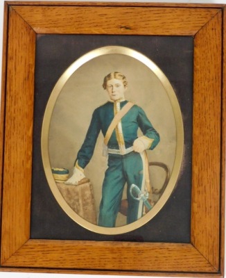 19thC School. Portrait of a young soldier, hand tinted photograph, 19cm x 14cm, in an oak frame. - 2