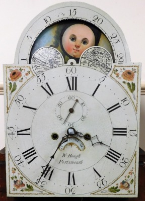 W. Hough, Portsmouth. A 19thC flame mahogany long case clock, with an arched moon phase dial, decorated with floral spandrels, chapter ring bearing Roman and Arabic numerals, subsidiary seconds dial and date aperture, with an eight day four pillar, two tr - 3