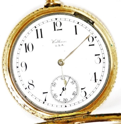 A Waltham USA gold plated pocket watch, the outer dial with heavily embossed floral detailing and depiction of building and flowers to reverse, with white enamel dial and seconds dial with silvered hands, bezel wind, the dial 4cm wide. - 2