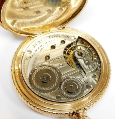 A Waltham USA gold plated pocket watch, the outer dial with heavily embossed floral detailing and depiction of building and flowers to reverse, with white enamel dial and seconds dial with silvered hands, bezel wind, the dial 4cm wide. - 3