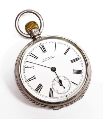 A Victorian gentleman's silver cased pocket watch, open faced, keyless wind, white enamel dial bearing Roman Numerals, subsidiary seconds dial, American Watch Company, Mass movement, with seventeen jewelled movement, Birmingham 1898, 102.9g all in.