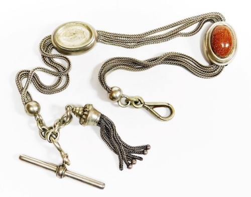 A silver plated watch chain, with two beaded breaks, with clip and T bar, with tassel end, 33cm long.