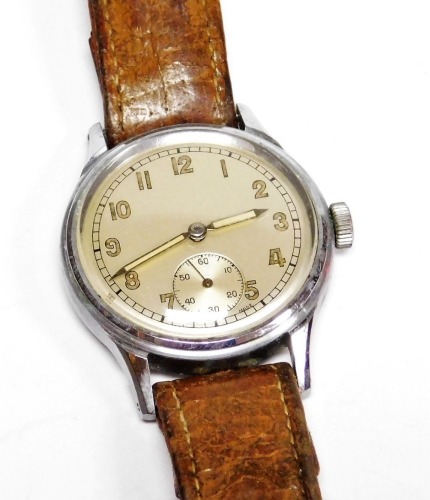 A gentleman's stainless steel cased wristwatch, with cream painted dial and seconds dial in stainless steel case with brown leather strap, the dial 3cm diameter, in a John Smith and Sons of Lincoln watch box.