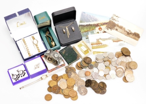 Various costume jewellery and effects, dress watches, postcards, loose coinage, necklaces, earrings, etc. (1 tray)