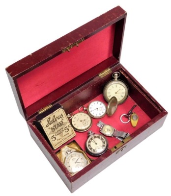 A group of silver plated pocket watches and watches, to include an Ingosol silver plated watch and leather chain, a Siro Senior, a Salvos, a fob watch, Hunter pocket watch, etc. (1 box)