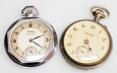 A group of silver plated pocket watches and watches, to include an Ingosol silver plated watch and leather chain, a Siro Senior, a Salvos, a fob watch, Hunter pocket watch, etc. (1 box) - 2