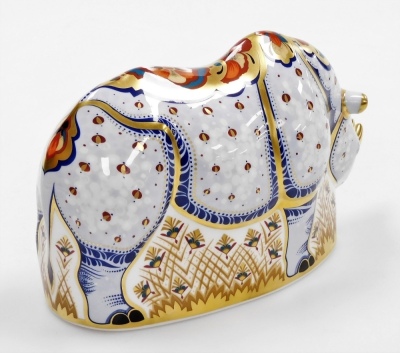 A Royal Crown Derby White Rhino porcelain paperweight, specially commissioned by Sinclairs, limited edition number of 1000, with gold stopper and red printed mark to underside, 21cm wide, boxed, with certificate. - 2