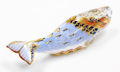 A Royal Crown Derby Guild Exclusive Oceanic Whale porcelain paperweight, with gold stopper and red printed mark to underside, 22cm wide, boxed. - 2