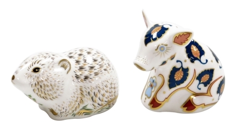 Two Royal Crown Derby porcelain paperweights, Riverbank Vole, for The Royal Crown Derby Collectors Guild, with gold stopper and red printed marks to underside, 8cm wide, and Snuffle, also for the Royal Crown Derby Collectors Guild, with gold stopper and r