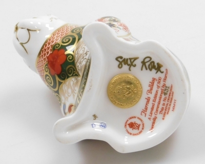 A Royal Crown Derby Harrods Bulldog porcelain paperweight, specially commissioned by Harrods, limited edition number 431/500, with gold stopper, signed Sue Rowe, with red printed marks to underside, 8cm high, boxed with certificate. - 3