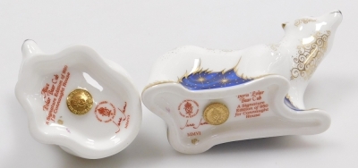 Two Royal Crown Derby Polar Bear Cubs porcelain paperweights, Alice and Boris, designed by Jane James for Connaught House, signature edition of 38/950, with gold stoppers and red printed marks to underside, the seated bear 8cm high the standing bear 7cm h - 3