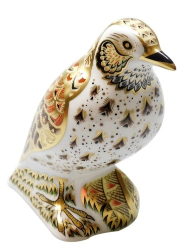 A Royal Crown Derby Song Thrush porcelain paperweight, with gold stopper and red printed marks to underside, 11cm high, boxed.