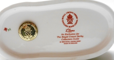 A Royal Crown Derby Llama porcelain paperweight, an exclusive for The Royal Crown Derby Collectors Guild, with gold stopper and gold printed marks to underside, 15cm wide, boxed. - 3