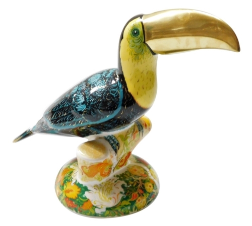 A Royal Crown Derby Golden Rio Toucan porcelain paperweight, an exclusive to Goviers of Sidmouth August 2016, limited edition 41/67, with gold stopper and gold printed marks to underside, 16cm high, boxed.