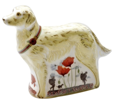 A Royal Crown Derby War Dog porcelain paperweight, commissioned in recognition of all dogs who have served alongside the British military, 'Lest We Forget,' limited edition number 119/500, with gold stopper and gold printed marks to underside, 16cm high,