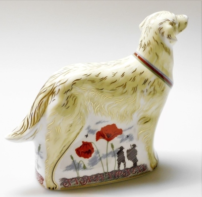 A Royal Crown Derby War Dog porcelain paperweight, commissioned in recognition of all dogs who have served alongside the British military, 'Lest We Forget,' limited edition number 119/500, with gold stopper and gold printed marks to underside, 16cm high, - 2