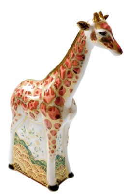 A Royal Crown Derby Masai Giraffe porcelain paperweight, special edition for Goviers of Sidmouth, designed by J James, limited edition number 515/950, with gold stopper and red printed marks to underside, 26cm high, boxed with certificate.