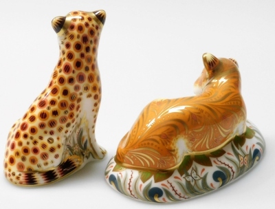 Two Royal Crown Derby porcelain paperweights, Cheetah Cub, 8cm high, and Sleepy Lion Cub, 9cm high, exclusively commissioned by Goviers of Sidmouth, limited edition 515/950, with gold stoppers, boxed with certificates. - 2