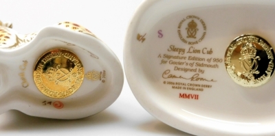 Two Royal Crown Derby porcelain paperweights, Cheetah Cub, 8cm high, and Sleepy Lion Cub, 9cm high, exclusively commissioned by Goviers of Sidmouth, limited edition 515/950, with gold stoppers, boxed with certificates. - 3