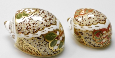 Two Royal Crown Derby Christmas hedgehogs porcelain paperweights, Snowberry large Christmas hedgehog, limited edition 488/1500, 11cm wide, and Mistletoe medium Christmas hedgehog, limited edition 488/1500, 8cm wide, both commissioned by Goviers of Sidmout - 2