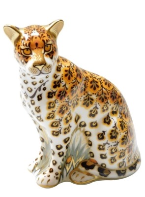 A Royal Crown Derby Leopardess porcelain paperweight, commissioned by Goviers of Sidmouth, limited edition 515/950, with gold stopper and gold printed marks to underside, 13cm high, boxed with certificate.