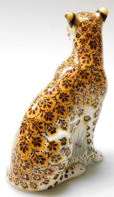 A Royal Crown Derby Leopardess porcelain paperweight, commissioned by Goviers of Sidmouth, limited edition 515/950, with gold stopper and gold printed marks to underside, 13cm high, boxed with certificate. - 2