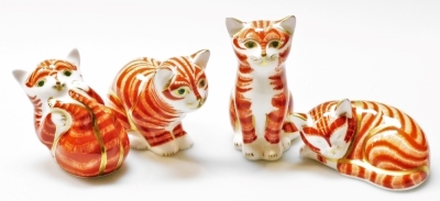 Four Royal Crown Derby ginger kitten paperweights, sleeping ginger kitten, 8.5cm wide, and business to business ginger kitten, 6cm high, a sitting ginger kitten, limited edition number 273/1500, 6cm high, with certificate and marmalade kitten, limited edi