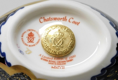 A Royal Crown Derby Chatsworth Coot porcelain paperweight, limited edition 184/1000, with gold stopper and red printed marks to underside, 14.5cm wide, boxed with certificate. - 3