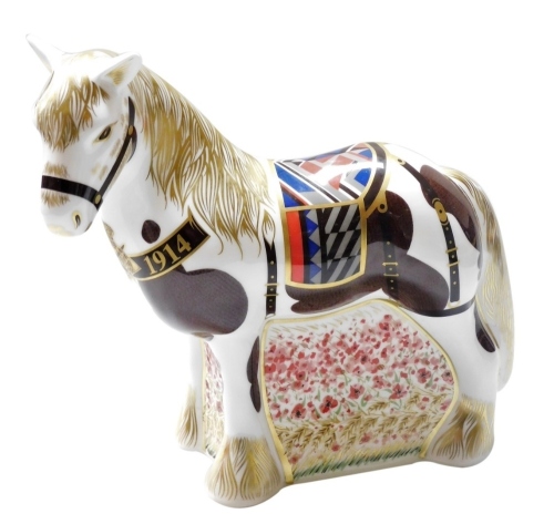 A Royal Crown Derby Derby Warhorse porcelain paperweight, commemorating the centenary of World War I 1914-1918, special edition number 119/500, with gold stopper and gold printed marks to underside, 20cm high, boxed with certificate.