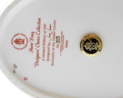 A Royal Crown Derby Designers Choice Collection Show Pony porcelain paperweight, exclusive to the visitors centre, designed by Jane James, limited edition 315/450, with gold stopper and red printed marks to underside, 20cm high, boxed with certificate. - 3