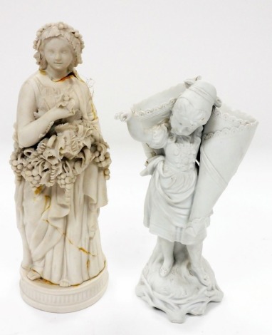 A late 19thC parian figure of a lady in standing pose, wearing flowing robes holding flowers, unmarked, 35cm high, a bisque figural spill vase modelled with a girl, impressed 434. (2, AF)