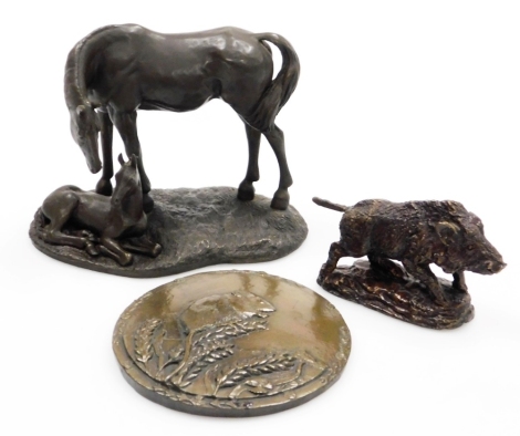 Three bronzed finish ornaments, a Heredities mare and foal model, 15cm high, a figure of a boar, 8cm high, and a pottery bronze effect wall plaque depicting a field mouse, 15cm high. (3) We have specific instructions form the vendor to sell without reser