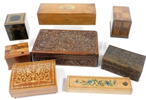 A quantity of late 19thC and later boxes, to include a sycamore glove box, with printed oval photograph of Lincoln Cathedral, marquetry boxes, Japanese marquetry cigarette box, tea caddy with painted Art Nouveau design. (a quantity)