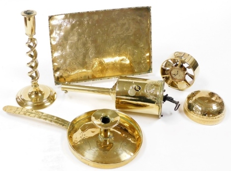 A quantity of brass, to include an Arts and Crafts chamber stick with long engraved handle, eastern hammered bowl, a brass anemometer stamped John Davis and Son Derby Limited, and a John Linwood Warranted brass spit jack, etc.