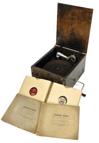 A cabinet maker made portable gramophone, and various 78rpm records.