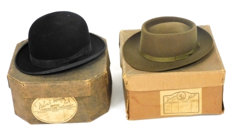 A vintage green felt gentleman's pork pie hat, stamped Cittaboy, and a bowler hat stamped The City. (2)