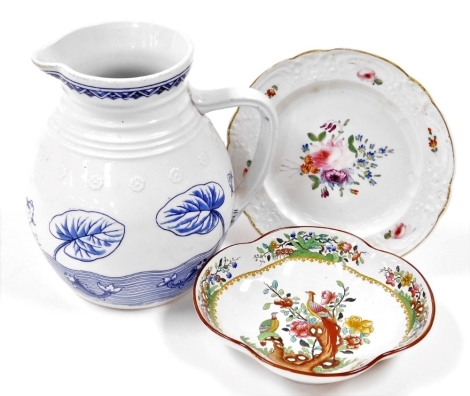 A group of ceramics, to include a Copeland Spode lobed dish, decorated with birds, a Derby porcelain plate painted with flowers, and a Copeland Aesthetic movement blue and white wash jug. (3)