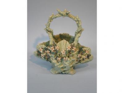 A Victorian Belleek type ceramic basket in the form of a shell