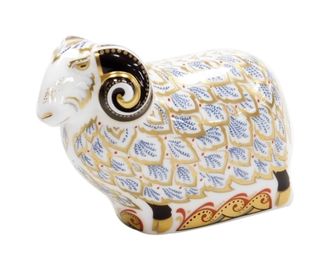 A Royal Crown Derby Premier Ram porcelain paperweight, designed by John Ablett an exclusive for the Royal Crown Derby visitors centre, limited edition number 193/450, with gold stopper and gold printed marks to underside, indistinctly signed, 12cm wide, b