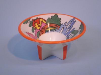 A Wedgwood Clarice Cliff Bizarre salt or small bowl decorated with the Red Roof pattern